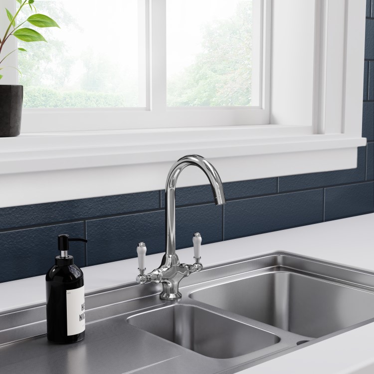 Taylor & Moore Belrose Chrome Twin Lever Victorian Kitchen Mixer Tap