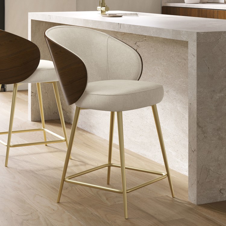 Beige Upholstered Kitchen Stool with Wooden Back - Tori