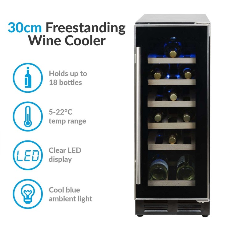 electriQ 18 Bottle Capacity Single Zone Freestanding Wine Cooler - Stainless steel with Black door