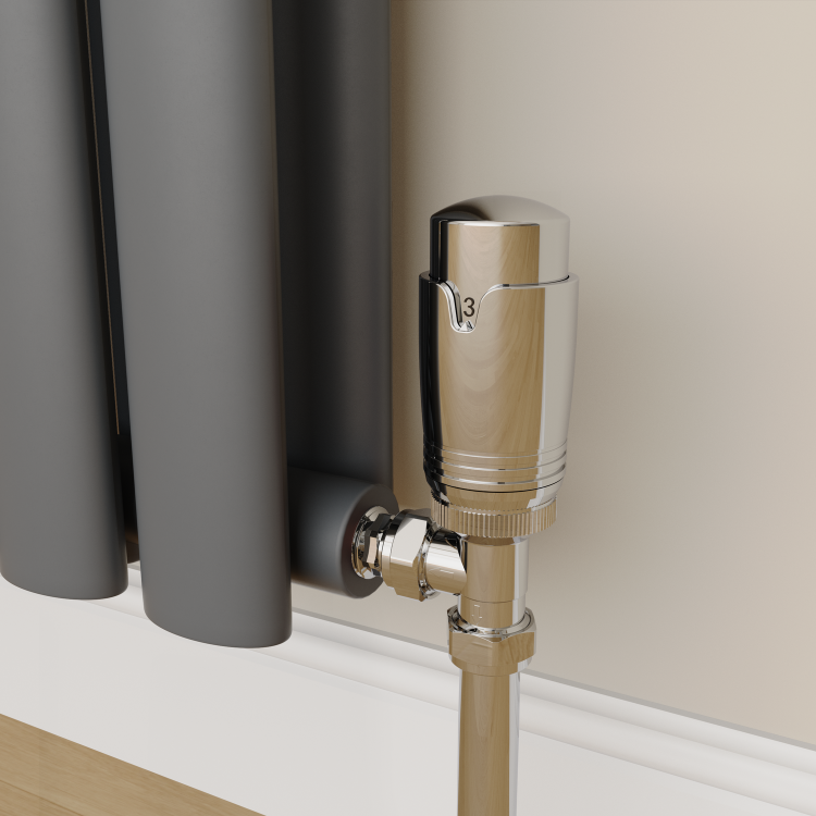 Elego Chrome Modern TRV Angled Thermostatic Radiator Valves With Lockshield