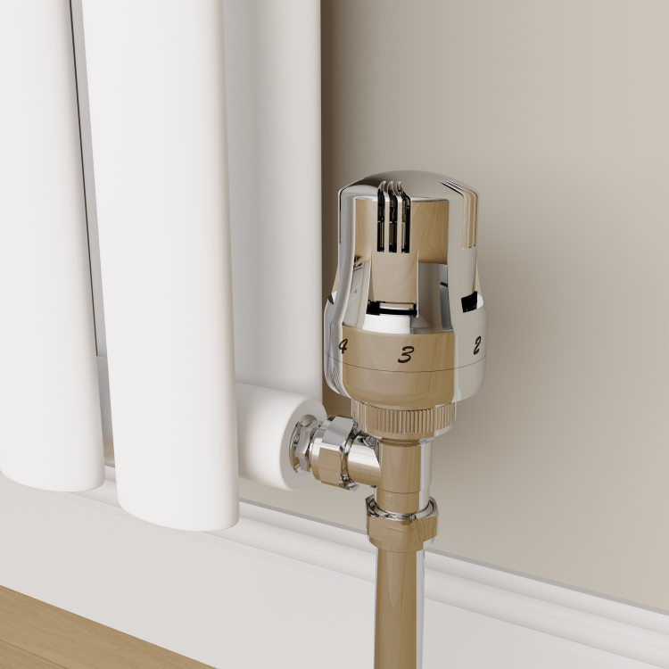 Elego Chrome Modern TRV Angled Thermostatic Radiator Valves With Lockshield