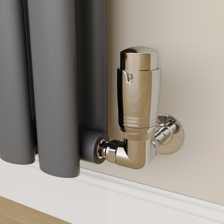 Elego Chrome Modern TRV Corner Thermostatic Radiator Valves With Lockshield