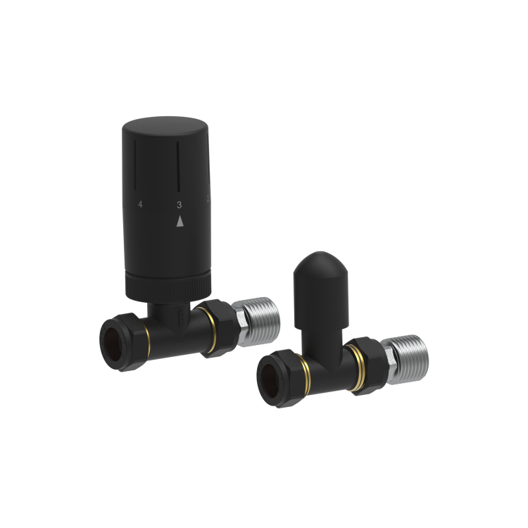 Elego Matte Black Modern TRV Straight Thermostatic Radiator Valves With Lockshield