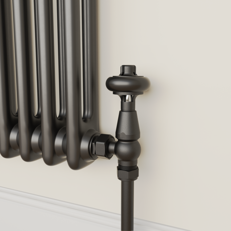 GRADE A1 - Maesta Matte Black Traditional TRV Angled Thermostatic Radiator Valves With Lockshield