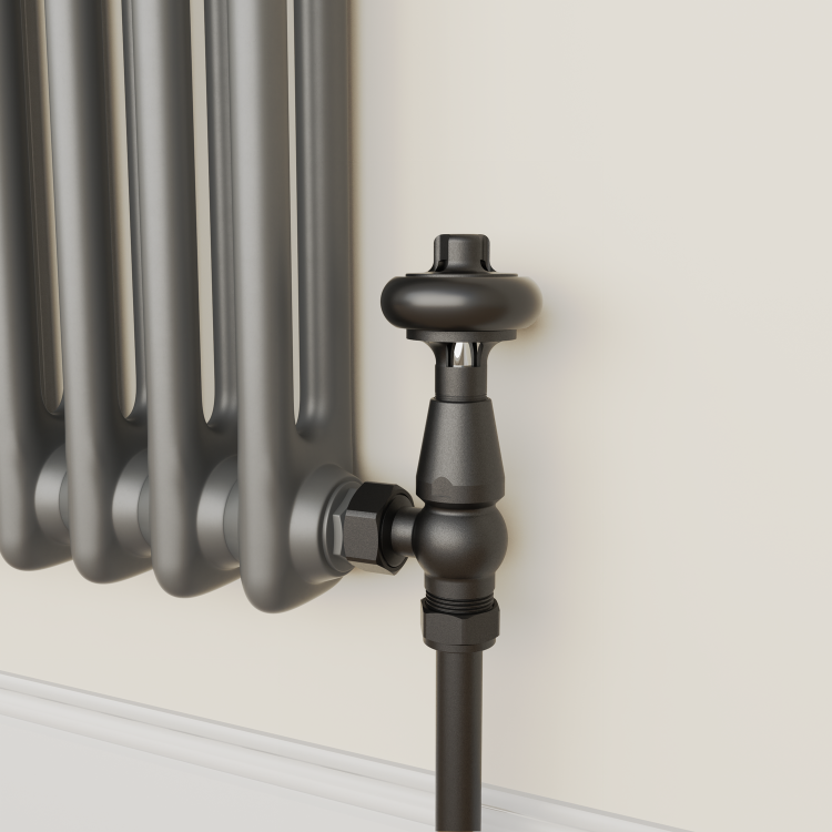 GRADE A1 - Maesta Matte Black Traditional TRV Angled Thermostatic Radiator Valves With Lockshield