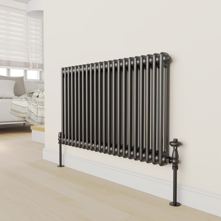 GRADE A1 - Maesta Matte Black Traditional TRV Angled Thermostatic Radiator Valves With Lockshield