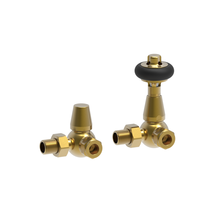 Maesta Brushed Brass Traditional TRV Corner Thermostatic Radiator Valves With Lockshield