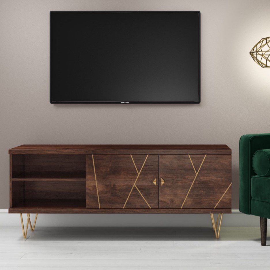 Dark Wood TV Unit with Brass Inlay & Storage Tia BuyItDirect.ie