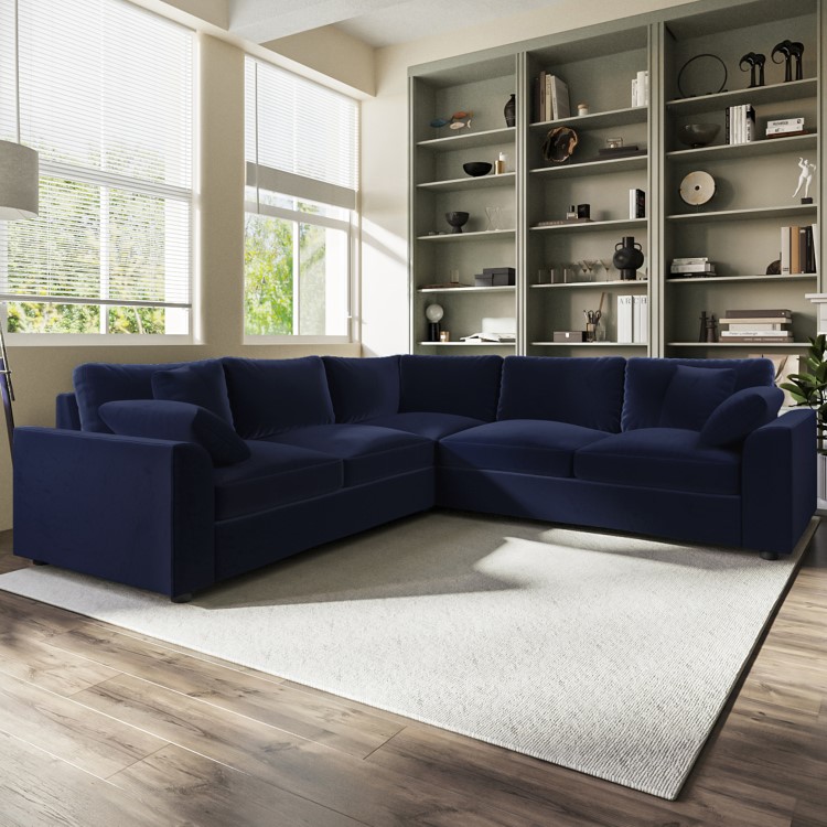Large Navy Sustainable Velvet 5 Seater Corner Sofa - Tatum