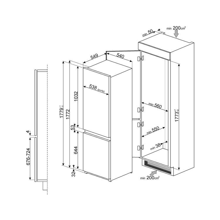 Smeg UKC7280NEP1AO 70/30 Frost Free Integrated Fridge Freezer