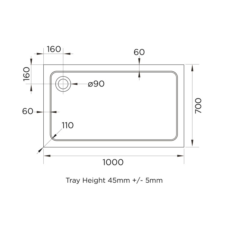 1000x700mm Rectangular Shower Tray – Low Profile 45mm – Stone Resin – White – Pearl