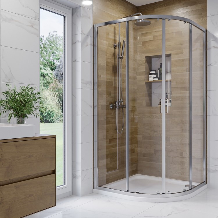 GRADE A1 - 900x760mm White Acrylic Capped Stone Resin Right Hand Offset Quadrant Shower Tray - Pearl