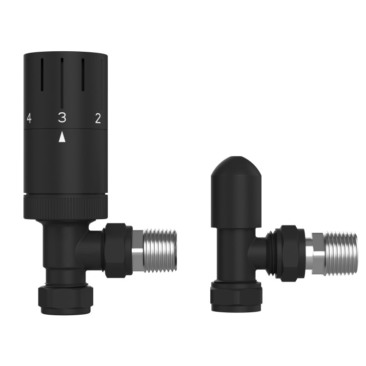 Black Round Thermostatic Angled Radiator Valves with Lock Shield