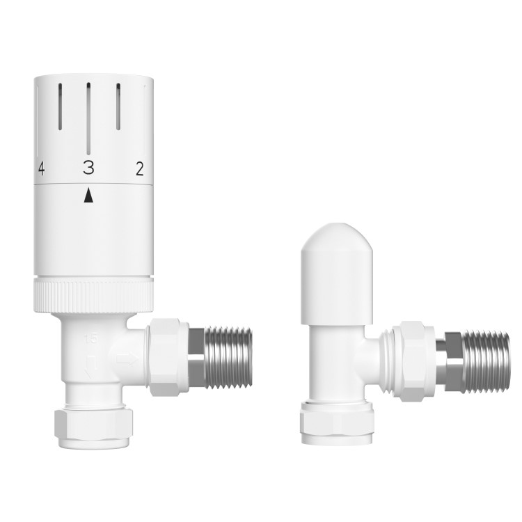 White Round Thermostatic Angled Radiator Valves with Lock Shield