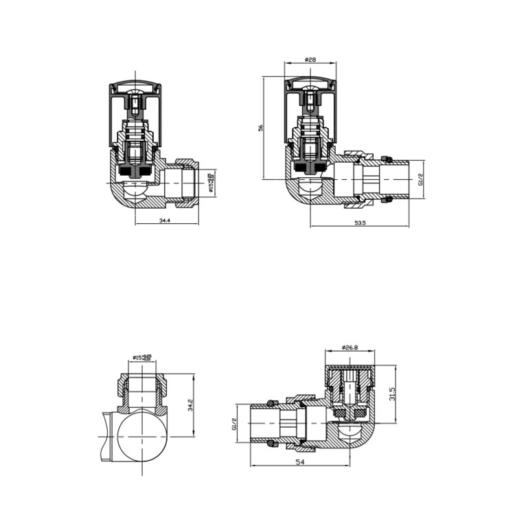 Black Round Manual Corner Radiator Valves with Lock Shield