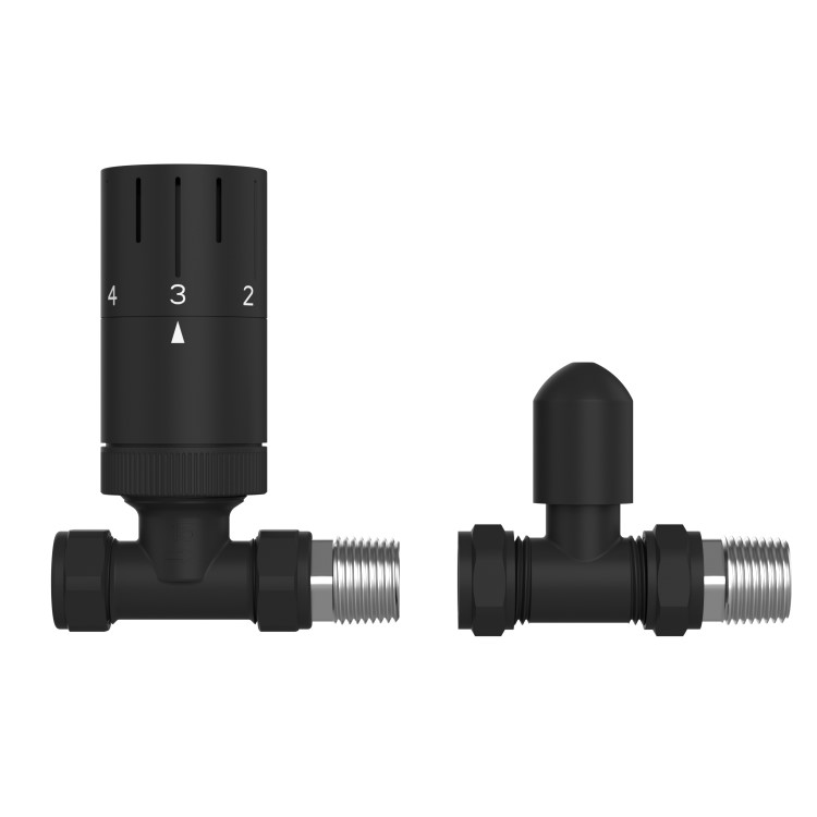 Black Round Thermostatic Straight Radiator Valves with Lock Shield