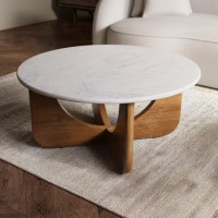 Large Round White Marble and Mango Wood Coffee Table - Ivan