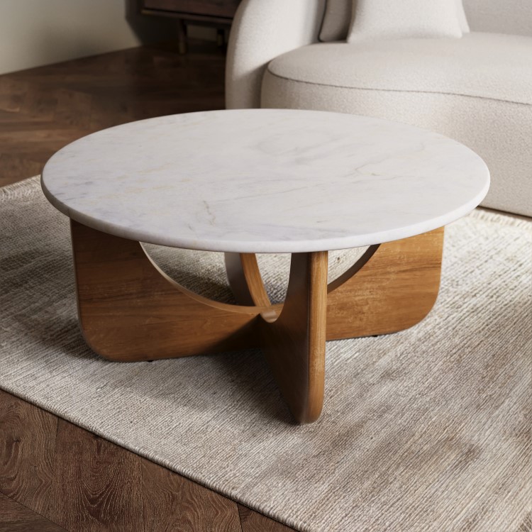 Large Round White Marble and Mango Wood Coffee Table - Ivan