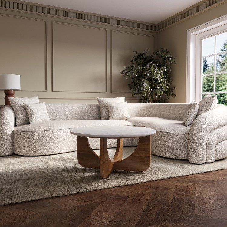 Large Round White Marble and Mango Wood Coffee Table - Ivan