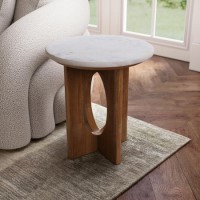 Round White Marble and Mango Wood Side Table - Ivan Round White Marble and Mango Wood Side Table - Ivan