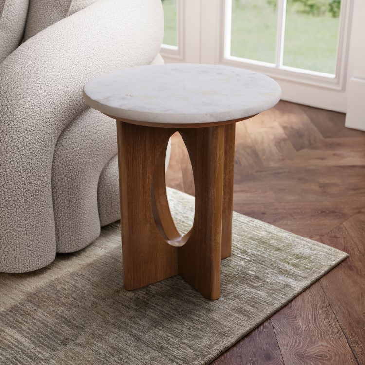 Round White Marble and Mango Wood Side Table - Ivan