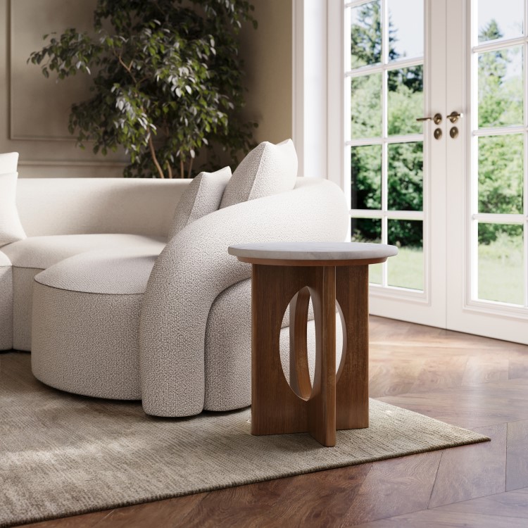 Round White Marble and Mango Wood Side Table - Ivan