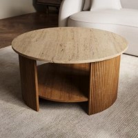 Large Round Beige Stone and Mango Wood Coffee Table with Storage - Ivan