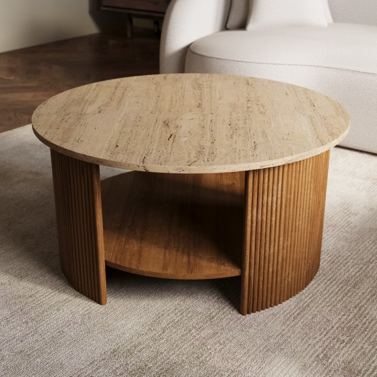 Large Round Beige Stone and Mango Wood Coffee Table with Storage - Ivan