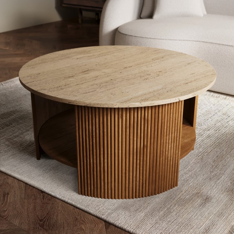 Large Round Beige Stone and Mango Wood Coffee Table with Storage - Ivan