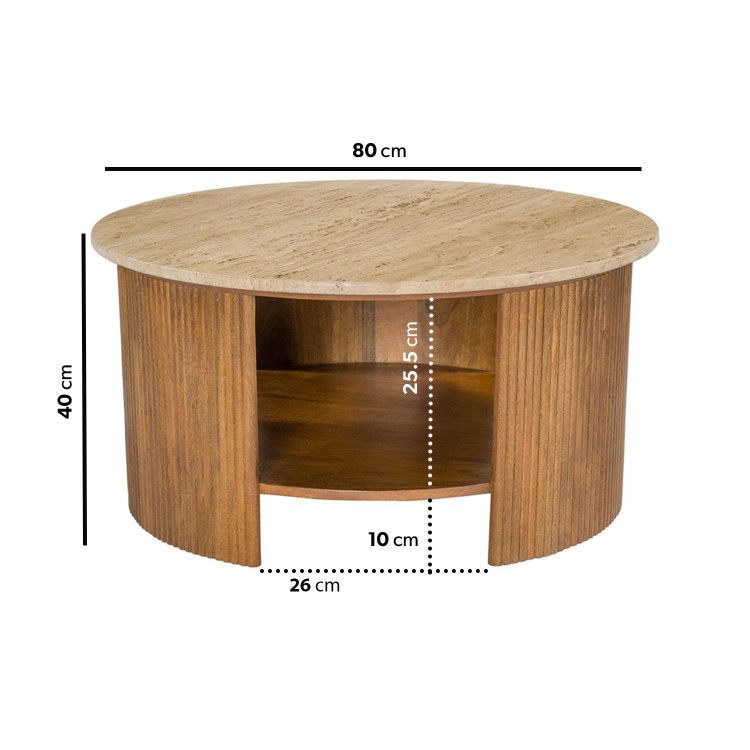 Large Round Beige Stone and Mango Wood Coffee Table with Storage - Ivan