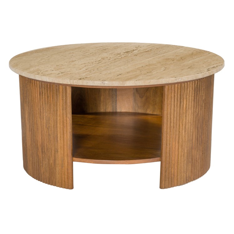 Large Round Beige Stone and Mango Wood Coffee Table with Storage - Ivan