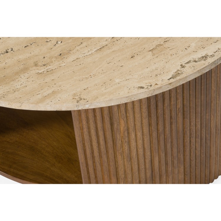 Large Round Beige Stone and Mango Wood Coffee Table with Storage - Ivan