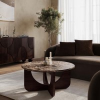 Large Round Brown Marble and Walnut Coffee Table - Ivan