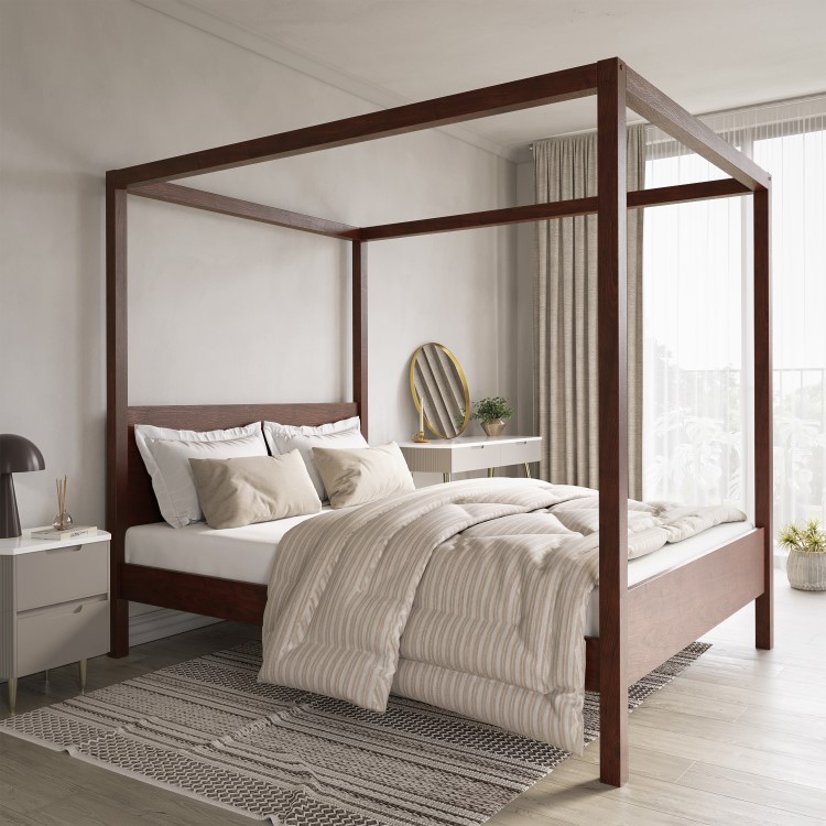 Double Four Poster Wooden Bed Frame in Walnut - Victoria