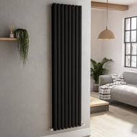 GRADE A1 - Sorrento Midnight Black Vertical Oval Designer Radiator 1800x472mm Double Panel 4983 BTU