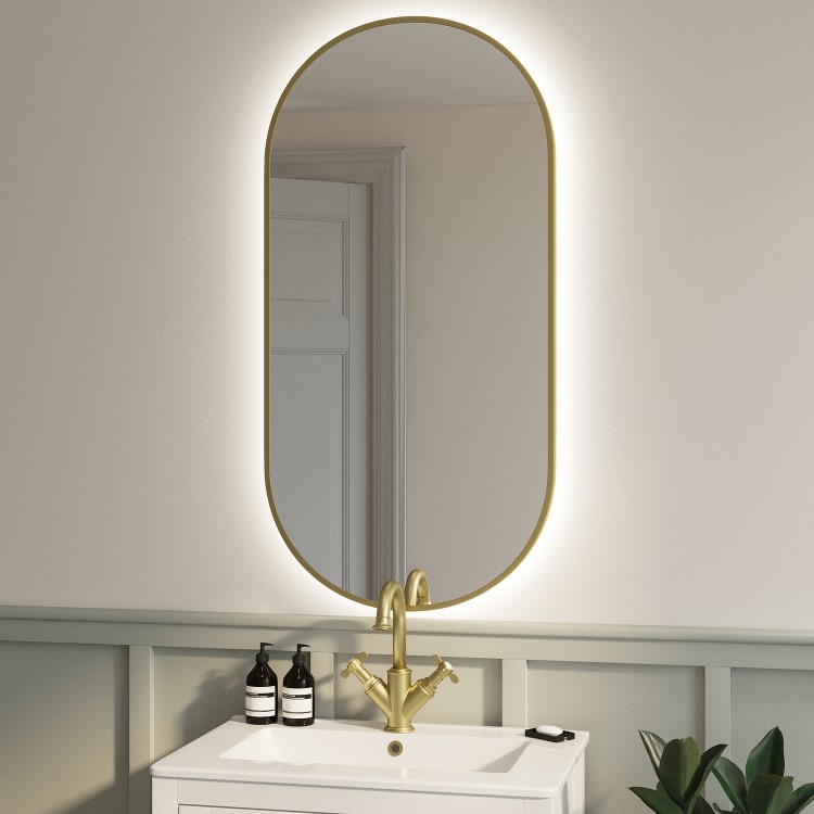 Oval Brass Backlit Heated Bathroom Mirror with Lights 500 x 1000mm - Venus