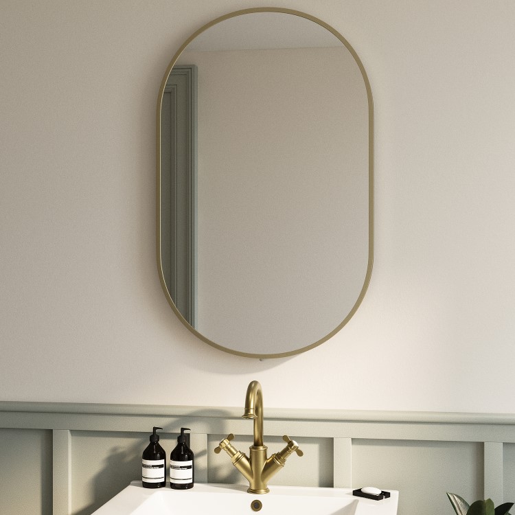 GRADE A1 - Oval Brass Backlit Bathroom Mirror with Battery Operated Lights 500 x 800mm - Venus
