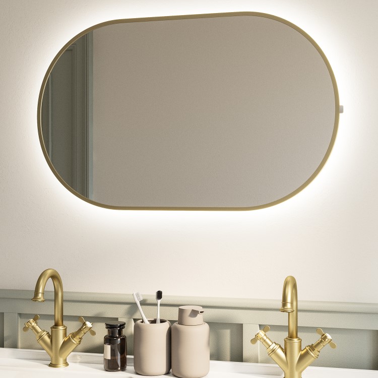 GRADE A1 - Oval Brass Backlit Bathroom Mirror with Battery Operated Lights 500 x 800mm - Venus
