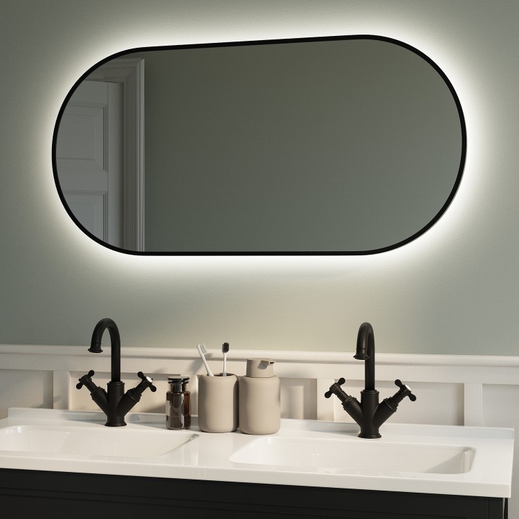 Oval Black Backlit Heated Bathroom Mirror with Lights 500 x 1000mm - Venus