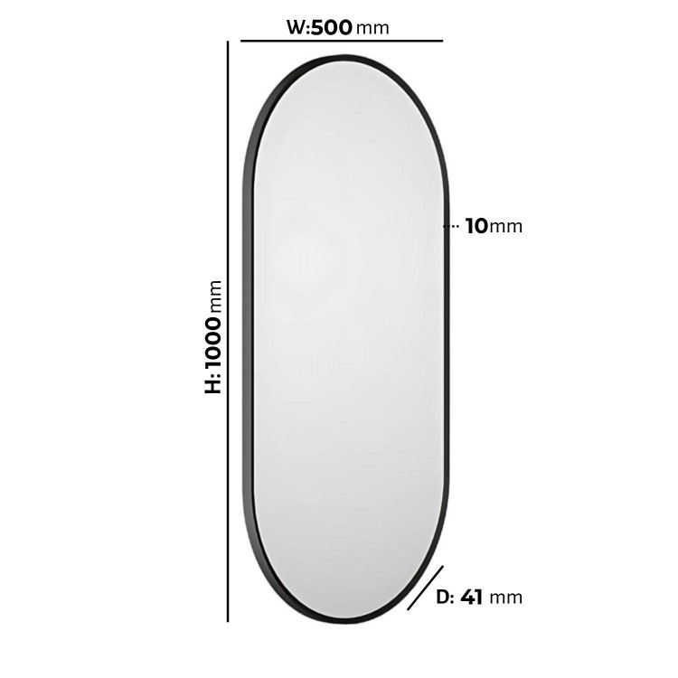 Oval Black Backlit Heated Bathroom Mirror with Lights 500 x 1000mm - Venus