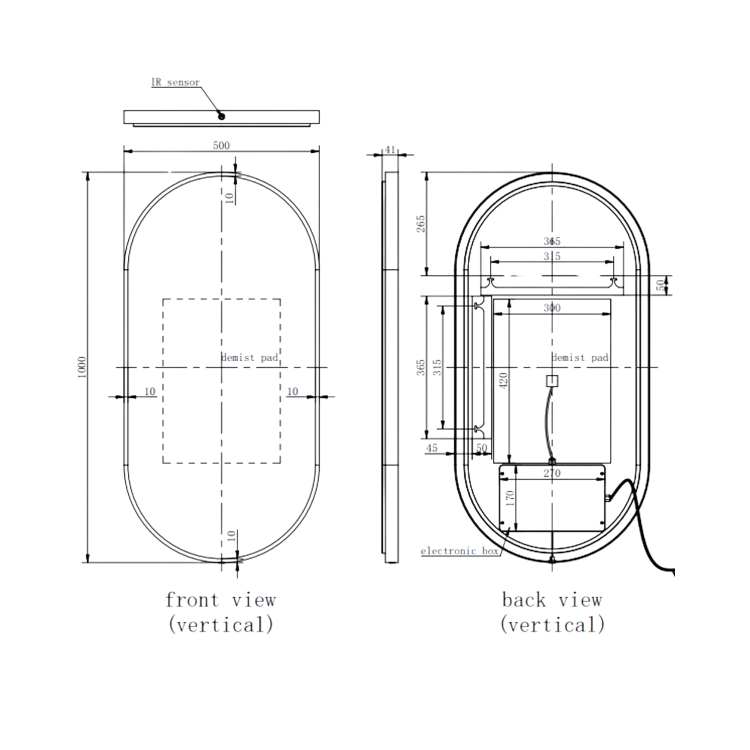 Oval Black Backlit Heated Bathroom Mirror with Lights 500 x 1000mm - Venus