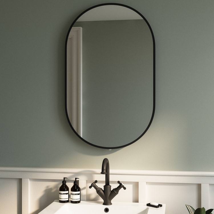 ONLY OPENED - Oval Black Backlit Bathroom Mirror with Battery Operated Lights 500 x 800mm - Venus
