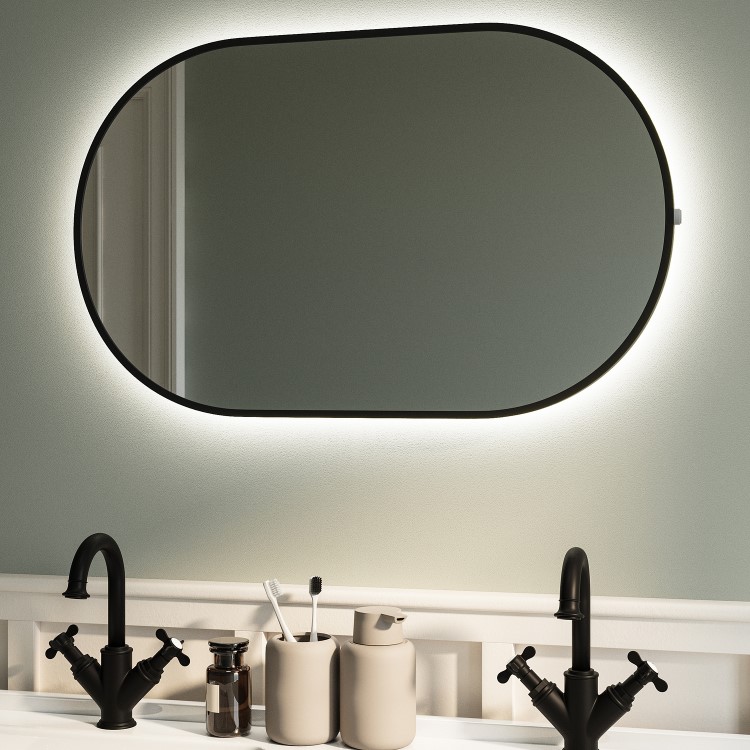ONLY OPENED - Oval Black Backlit Bathroom Mirror with Battery Operated Lights 500 x 800mm - Venus