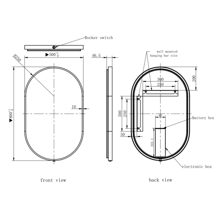 ONLY OPENED - Oval Black Backlit Bathroom Mirror with Battery Operated Lights 500 x 800mm - Venus