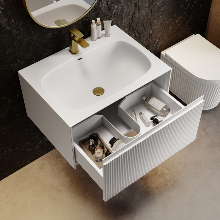 700mm White Fluted Wall Hung Vanity Unit with Aluminium Basin - Venice