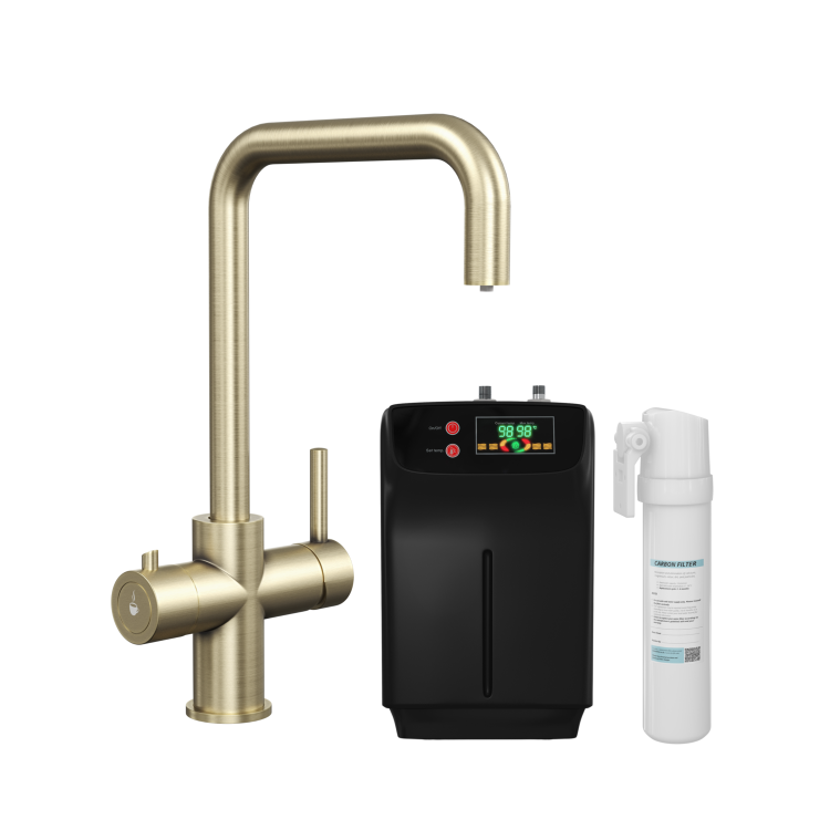 Brushed Brass 3 in 1 Instant Boiling Hot Kitchen Mixer Square Tap with 3L Boiler - Pronto Vesta