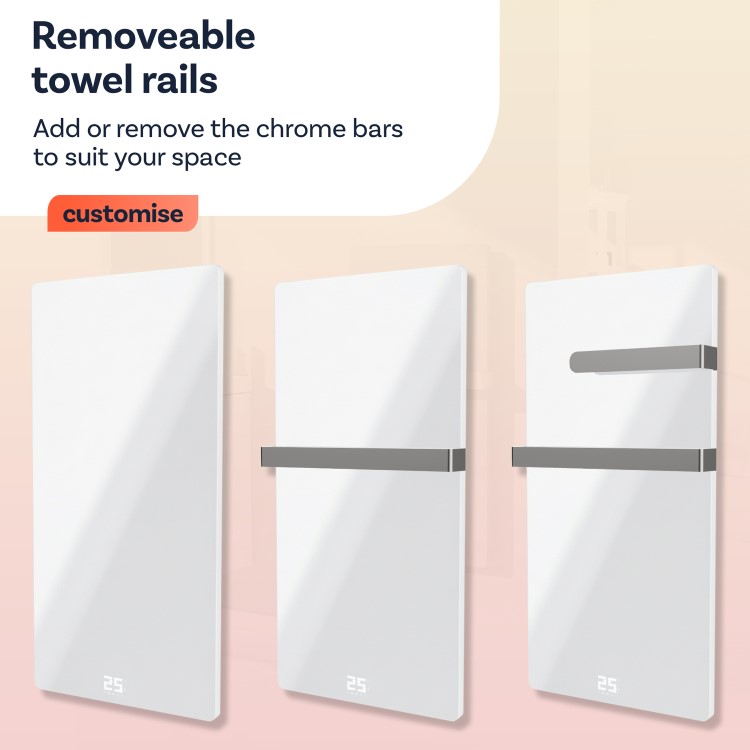 Refurbished 380W Smart Infrared Vertical Black Glass Designer Wall Heater 450x900mm with Optional Towel Rail - IP24 Bathroom Safe