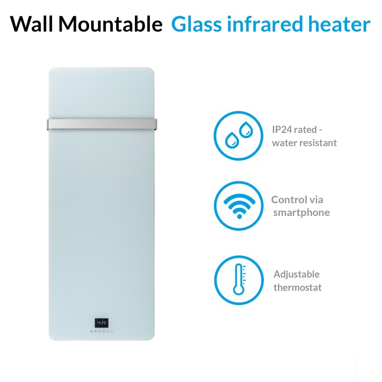 Low Energy 850w Infrared Designer Glass Wall Mounted Heater with Towel Rail and Smart WiFi Alexa - IP24 Bathroom Safe