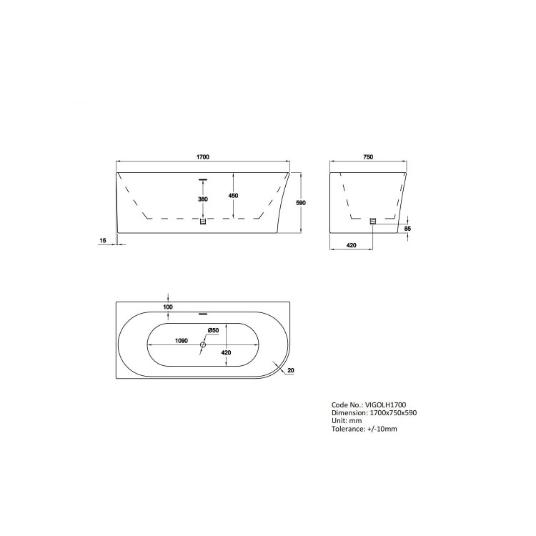 GRADE A1 - Freestanding Double Ended Left Hand Corner Bath 1700 x 750mm - Vigo