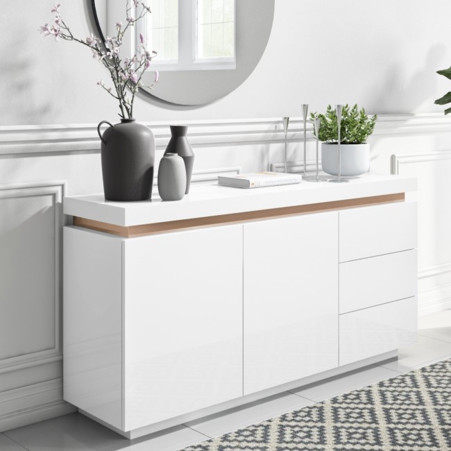 Large White High Gloss Sideboard with Brass Inlay - Vivienne